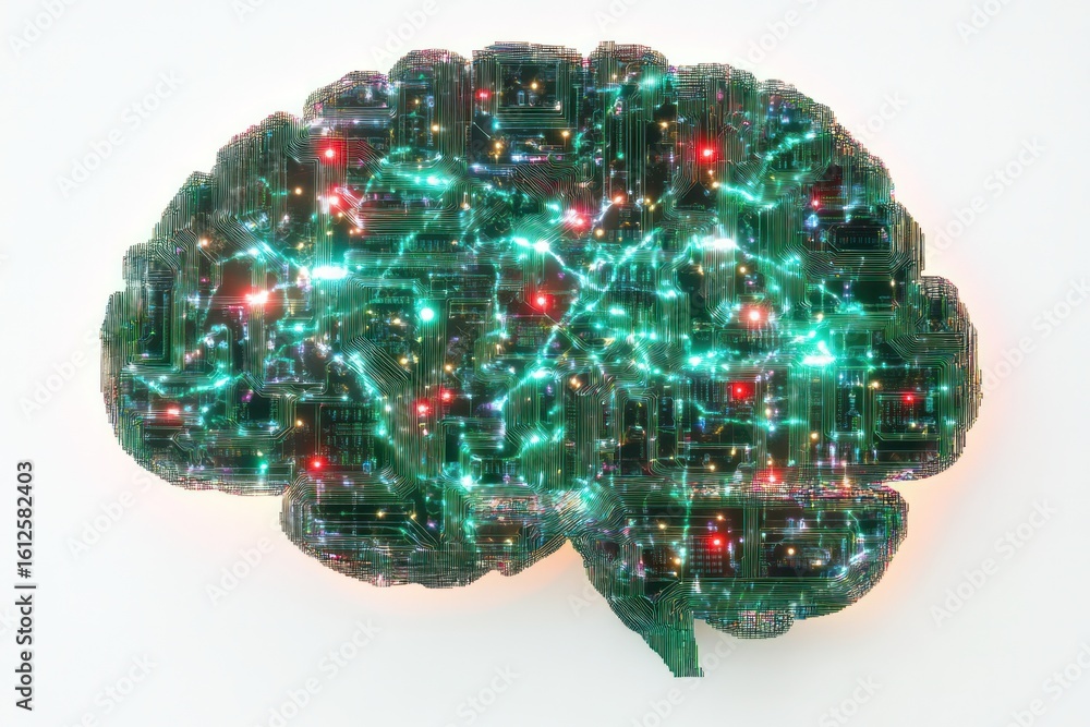 Poster cybernetic mind: an artistic rendering of the human brain reimagined as a circuit board, pulsing wit