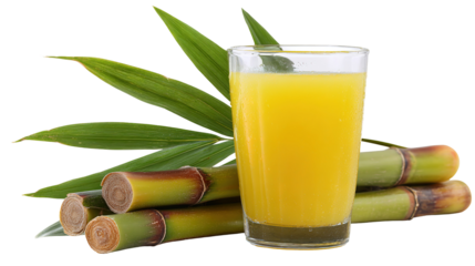 Fresh sugarcane juice in glass, beside cut sugarcane stalks, natural background