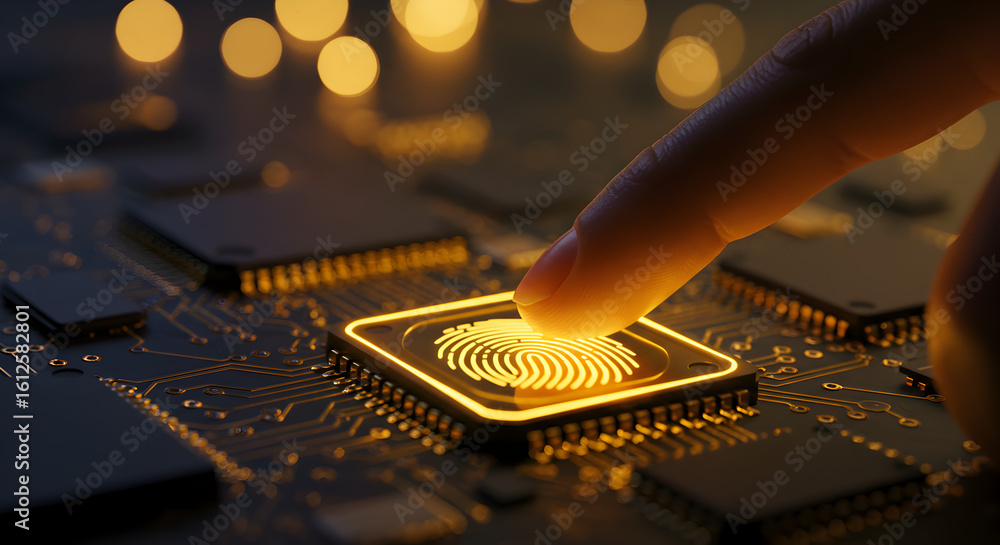 Poster finger touches golden fingerprint microchip on illuminated circuit board with bokeh lights