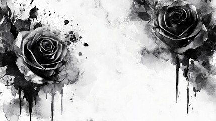 Elegant monochrome watercolor rose border with artistic ink drips and grunge texture overlay, high contrast black and white floral design.