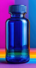 Empty cobalt blue glass bottle with ribbed cap, centered against vibrant rainbow stripes. Reflective light plays on the surface, casting a sleek and modern impression
