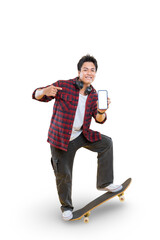 A young man on a skateboard smiling and holding a smartphone in a plaid shirt, a perfect blend of...