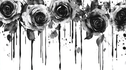 Elegant monochrome watercolor rose border with artistic ink drips and grunge texture overlay, high contrast black and white floral design.