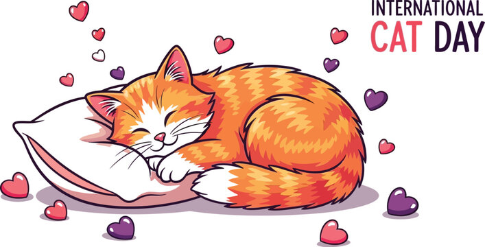 Adorable Cartoon Cat Napping Peacefully on a Pillow Surrounded by Hearts Celebrating International Cat Day, Perfect for Pet Lovers and Holiday Greetings
