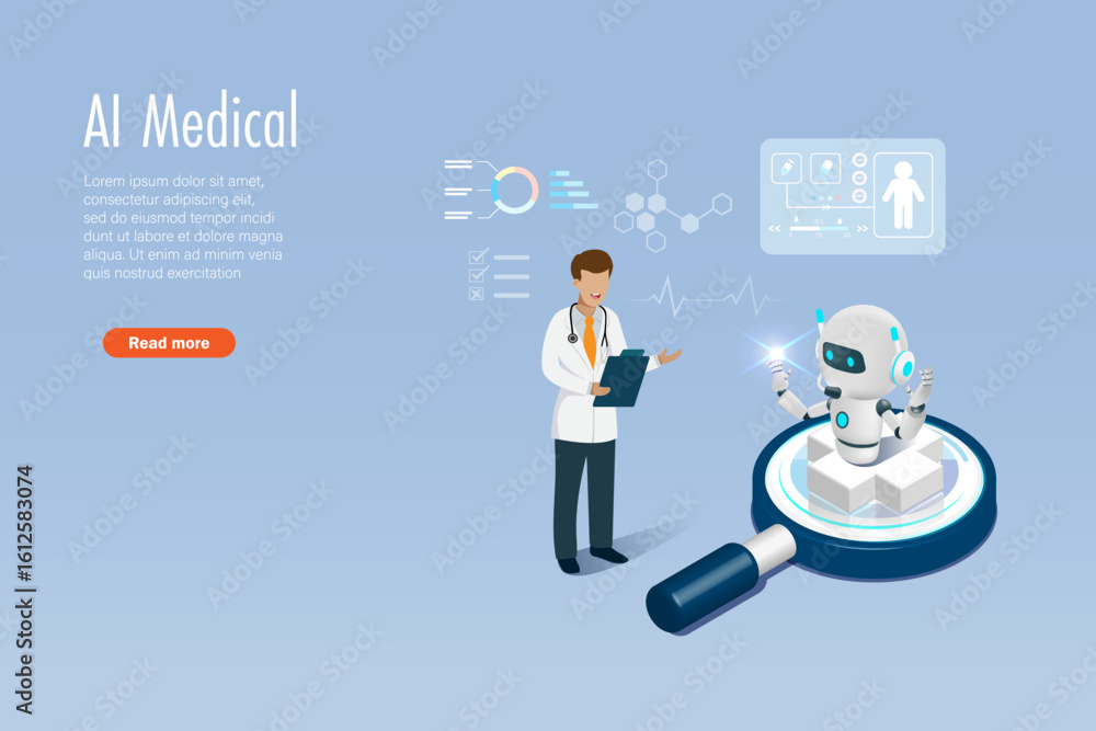 Aufkleber doctor searching and analyzing medical data with help from ai robot technology on magnifying glass. 