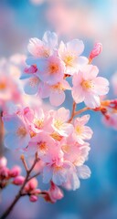 Delicate pink cherry blossoms bloom against a soft, pastel blue sky. Focus is on the flowers' intricate petals and golden stamens, with a dreamy, ethereal quality