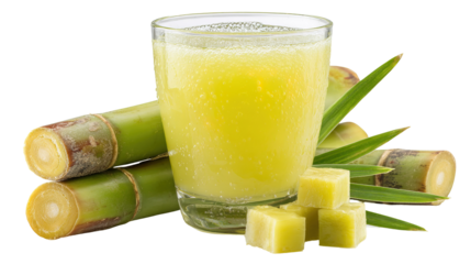 Fresh squeezed sugar cane juice in pitcher with cut pieces cane on nature background