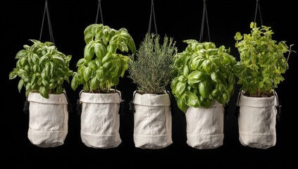 Five herb plants in suspended fabric bags against black. Leaves are green and lush. Bags are light colored. Strings are barely visible. Herbs are varying types and heights