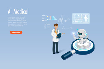 Doctor searching and analyzing medical data with help from AI robot technology on magnifying glass. Artificial intelligence innovation technology for medical solution in diagnosis, care and treatment.