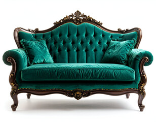 Elegant Victorian loveseat with ornate carvings and luxurious emerald green velvet upholstery, isolated on a white background.