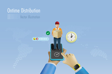 Hand holding smartphone with delivery man online delivering shipment box to customer on time. Online distribution logistics, online shopping and delivery service with customer satisfaction.