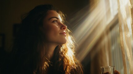 Inspired Girl Reflecting on Thoughts After Journaling in a Sunlit Room With Gentle Rays Illuminating Her Face