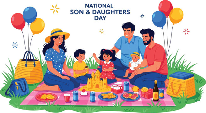 Joyful Families Celebrating National Son and Daughters Day Featuring Picnic with Food, Drinks, Balloons