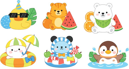 Obraz premium Cute summer animals vector illustration for kids collection and design elements set