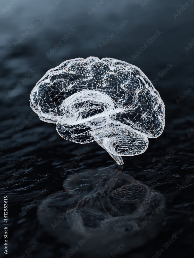 Poster rotating wireframe brain model displayed above a dark reflective surface showcasing intricate design