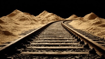 Railway tracks curve through a desert landscape, with sand dunes under a stark black sky. The perspective draws the eye down the tracks