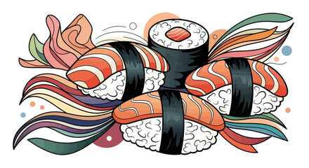 Obraz premium Colorful Sushi Rolls, Culinary Art, Kitchen, Illustration, Vibrant Colors, Top View, Creative Food Presentation