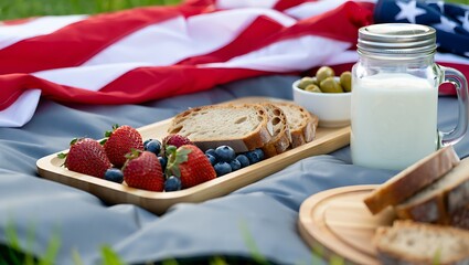 Relaxing outdoor picnic spread with an American flag, fresh strawberries, blueberries, sliced bread, and milk in a jar.