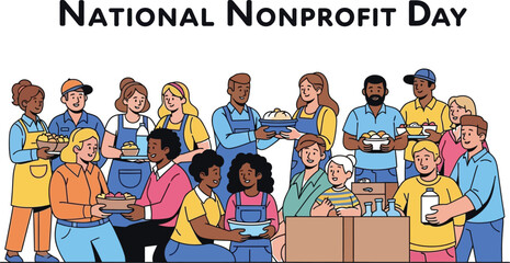 Happy Volunteers Celebrating National Nonprofit Day Featuring Diverse Group of People Holding Food Bowls and Milk Bottles, Promoting Community Service and Charitable Giving