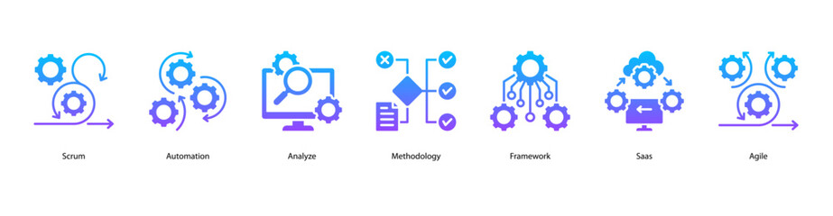 DevOps automation web banner icon vector illustration with agile automation, analytics, methodology, framework design, SaaS integration, agile teamwork, and feature releases.