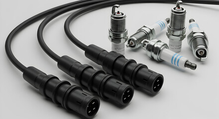 Four Black Car Spark Plug Wires with Silver Spark Plugs and Blue Band on a Clean White Background