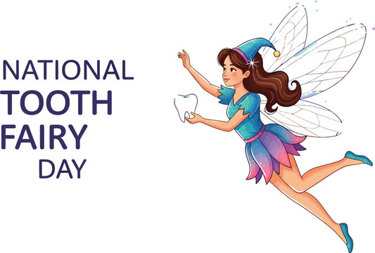 Happy Tooth Fairy Illustration Featuring a Smiling Fairy Holding a Tooth, Celebrating National Tooth Fairy Day, Perfect for Dental Clinics and Children's Healthcare Campaigns