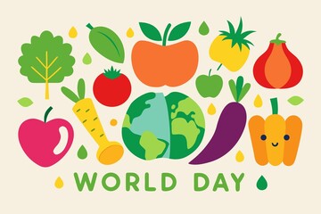 Colorful Vector Illustration for World Day with Fruits Vegetables and a Globe Graphic