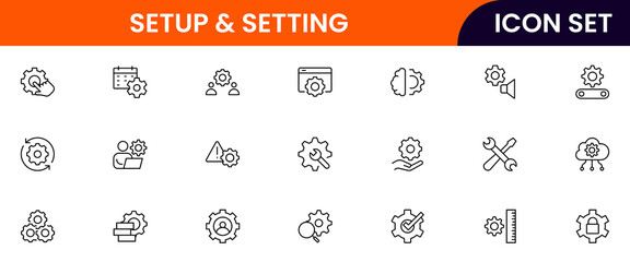 Setup and setting vector line icons featuring gears, sliders, tools, preferences, configurations, controls, adjustments, customization, system options, and interface elements.