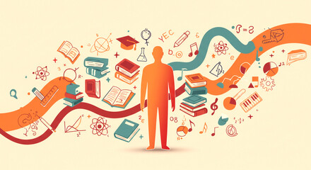 Silhouette Surrounded by Educational and Scientific Icons