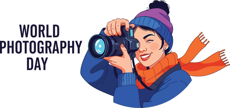 Joyful Woman Photographer with Camera Celebrating World Photography Day, Capturing Moments and Memories with Passion and Enthusiasm, Wearing Winter Hat and Scarf - Powered by Adobe