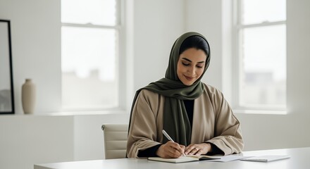 A woman in a hijab thoughtfully writes in a notebook at a desk near a window in a bright .