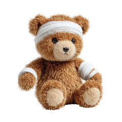 Obraz premium Adorable Brown Teddy Bear Sitting Upright with Bandages on Arms and Head, Perfect for Children's Themes and Playful Decor