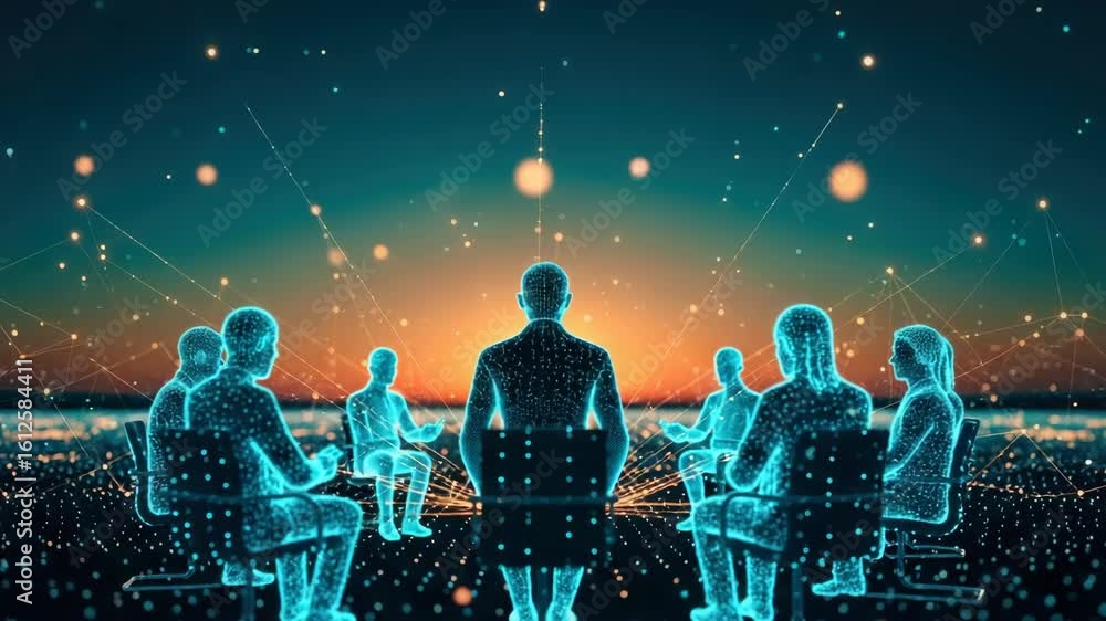 Poster a group of individuals engaged in a collaborative discussion surrounded by a digital landscape of da