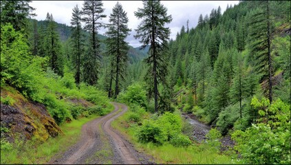 Winding dirt road curves through a lush valley, bordered by towering evergreens and a small stream. Overcast sky illuminates the scene
