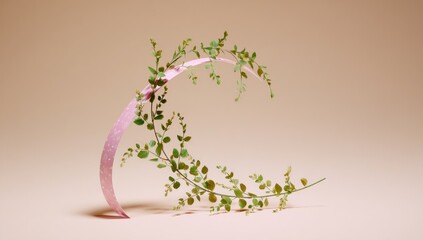 Botanical Still Life. Curved pink shape supports a draping sprig of delicate green leaves against a soft, neutral backdrop. Subtle shadows add depth to this minimalist, peaceful composition