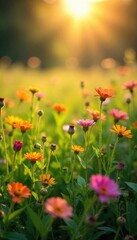 Fototapeta premium Vibrant wildflowers in a lush field, bathed in golden sunlight, creating a picturesque summer scene perfect for decorating Ideal for nature, countryside, and floral themes , nature, growth
