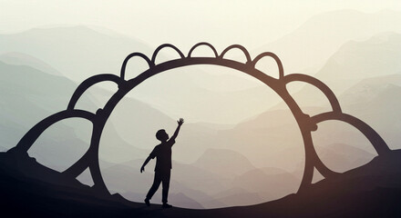 Silhouette Under Arched Structure with Mountain Layers