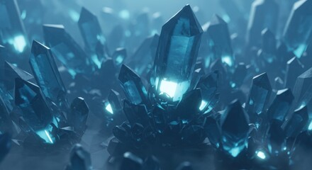 A glowing cluster of blue crystals emerges from a misty surface, radiating light and mystery in a surreal, otherworldly environment.