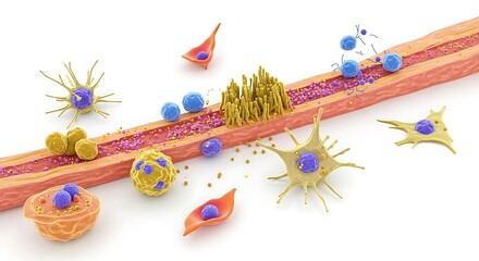 Scientific illustration of cellular activity in an autoimmune disease, with immune cells like T-cells and macrophages attacking a central nerve axon.
