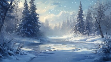 winter wonderland with serene snowy river flowing through quiet landscape for peaceful cold season scene showcasing ice reflection light stillness beauty concept.