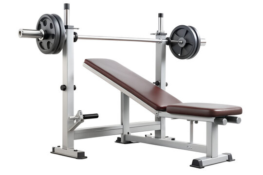 A weightlifting bench with a barbell and weight plates, isolated on a transparent background - Powered by Adobe