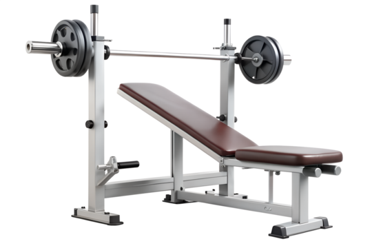A weightlifting bench with a barbell and weight plates, isolated on a transparent background - Powered by Adobe