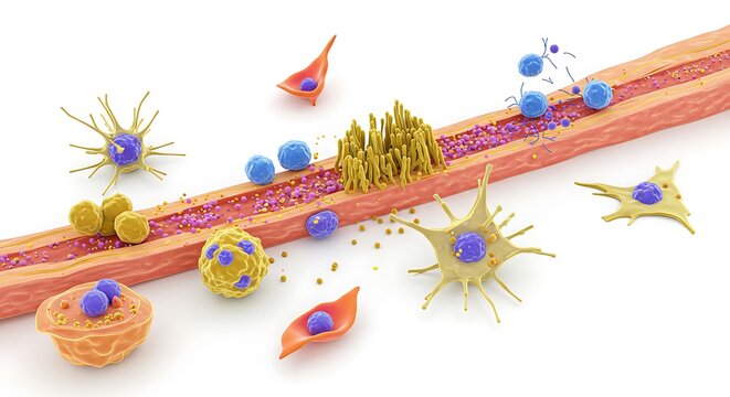 Scientific illustration of cellular activity in an autoimmune disease, with immune cells like T-cells and macrophages attacking a central nerve axon.