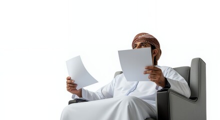 A thoughtful businessman in traditional Middle Eastern attire sits in a modern chair reviewing important documents, lost in contemplation.