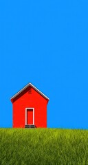 A vibrant red shed with a grey roof sits atop a bright green hill of grass, set against a stark, cloudless blue sky. Minimalist composition emphasizing color and form