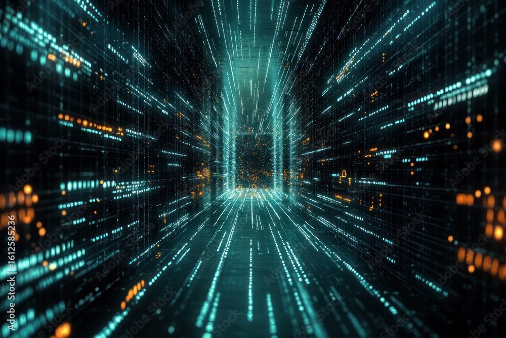 Poster digital highway: a futuristic tunnel of data streams ablaze with neon light, symbolizing the interco