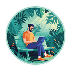 Man with laptop sitting on a bench surrounded by tropical plants and sunlight in a circular frame