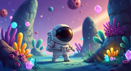 Whimsical Cartoon Astronaut on an Alien Planet with Colorful Crystals and Floating Planets