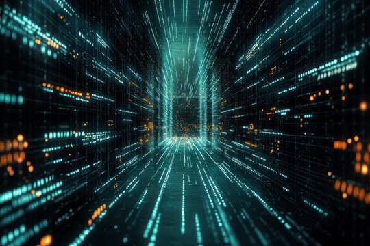 Digital Highway: A futuristic tunnel of data streams ablaze with neon light, symbolizing the interconnectedness of the digital age. 