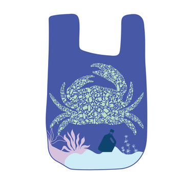Plastic bag with crab made of plastic waste, ocean pollution concept